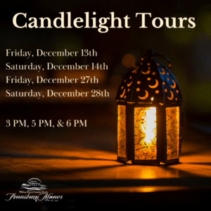 A lantern illuminates a dark background and includes the dates of a Candlelight Tour.